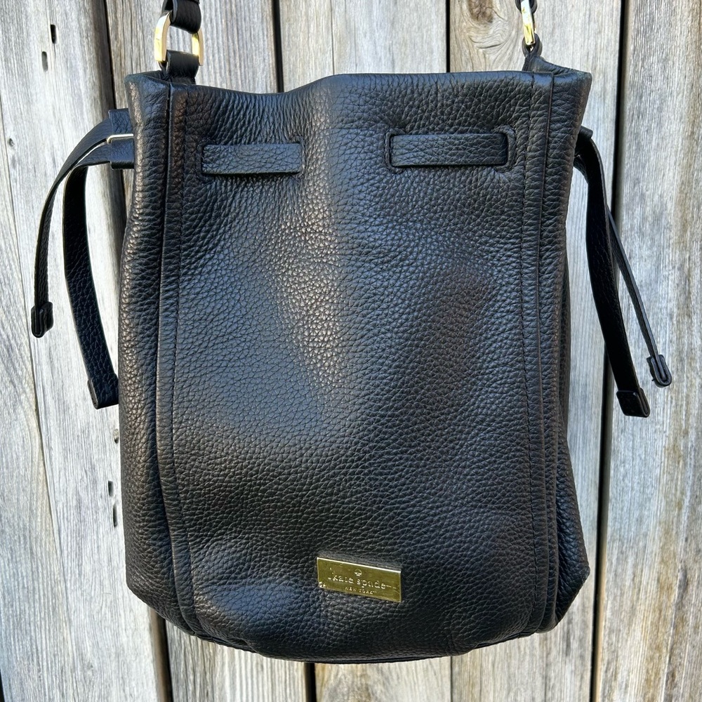 Kate Spade Highland Place Katie Drawstring Bucket Bag Pebbled Leather Black